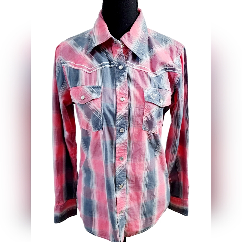 Cowgirl Hardware pink gray plaid western shirt